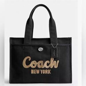 🩶 Coach NWT Large Black Cargo Tote Bag 42 With Gold Script Logo